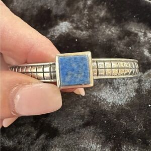 Signed artist Denim Lapis gem in Sterling silver cuff bracelet